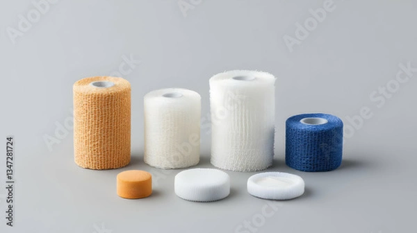 Fototapeta Collection of Cylindrical Textured Objects with Varying Colors and Shapes Against a Gray Backdrop