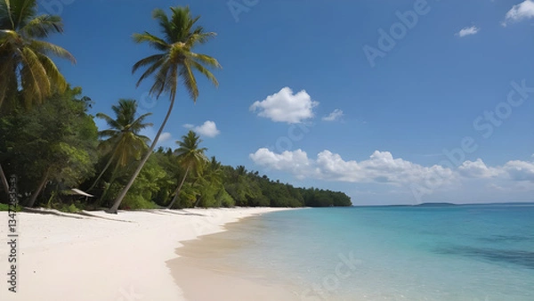 Obraz Tropical beach with coconut palm trees, white sand and turquoise water under blue sky