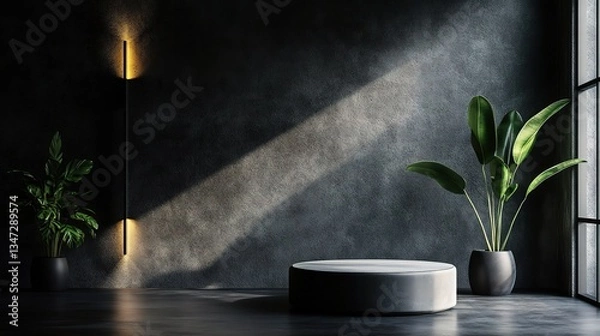 Fototapeta Minimalist Dark Studio with Modern 3D Elements and Plants