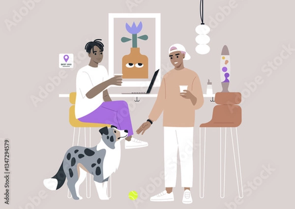 Fototapeta A vibrant coffee bar atmosphere comes alive as two patrons enjoy beverages while chatting, accompanied by a playful dog, The space is adorned with contemporary art and decor