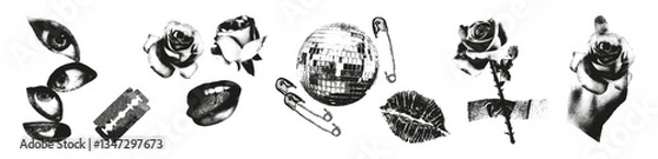 Fototapeta Trendy halftone monochrome stipple elements set. Various compositions with grunge punk dots texture for y2k collage design. Retro photocopy vector illustration for music album cover, poster, banner