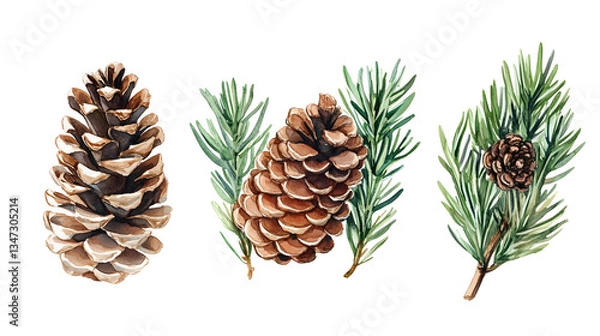 Fototapeta Detailed Watercolor Collection of Fir Cones on White Background for Design Projects