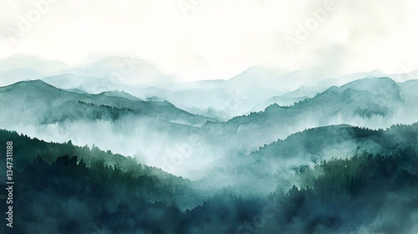 Obraz Watercolor-inspired landscape with misty hills and serene details
