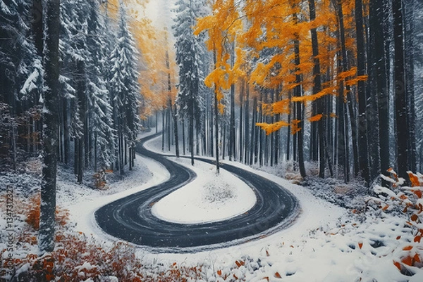 Obraz winding forest road covered in snow with vibrant autumn leaves in the background