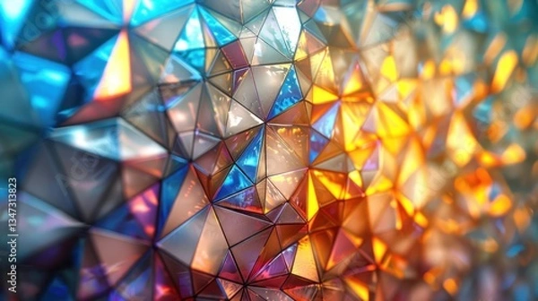 Fototapeta Triangular fragments form an abstract stained glass mosaic, softly lit to highlight intricate textures