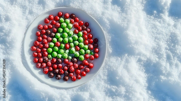 Obraz A bowl of red and green candies arranged in a Christmas tree shape on white snow