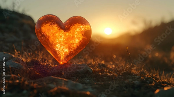 Obraz A glowing heart at sunset, symbolizing warmth and love, with space for text