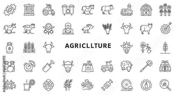 Obraz A comprehensive collection of agriculture icons showcasing farming tools, livestock, and crops in a clean, minimalist line art style.