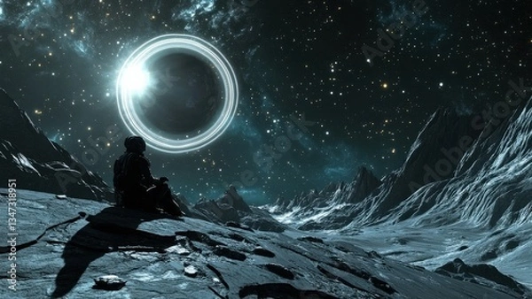 Obraz Astronaut Contemplating a Celestial Landscape on an Alien Moon