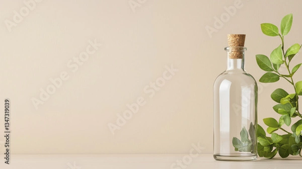 Fototapeta clear glass bottle with cork stopper sits beside fresh green leaves against soft beige background, creating serene and natural atmosphere