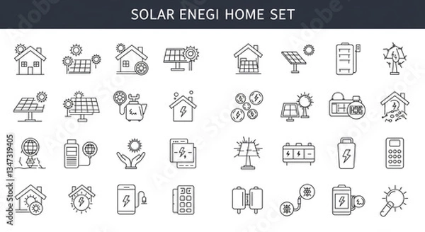 Fototapeta A comprehensive guide to harnessing solar energy for your home, visualized in a clean and modern line art style.