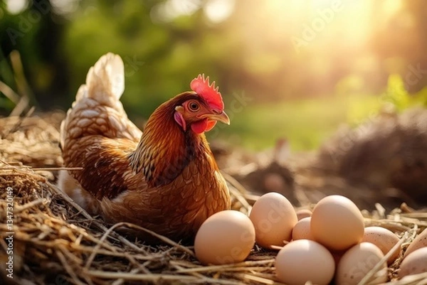 Fototapeta A Deep Dive into Chickens and Their Eggs in Nature