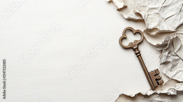 Fototapeta vintage key rests on crumpled paper, symbolizing mystery and discovery. textured background adds depth to composition