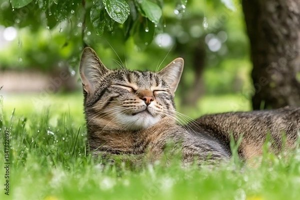 Fototapeta Relaxed Tabby Cat in a Summer Garden.