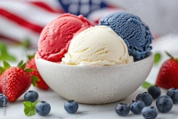 Obraz Red, white, and blue ice cream scoops with berries and american flag
