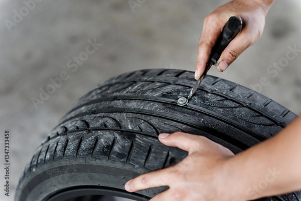 Obraz Mechanic is removing a nail from a tire so he can patch it so it can be used again.