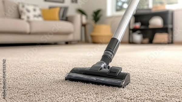 Fototapeta A vacuum cleaner on plush carpet in a cozy living room, highlighting a clean and tidy home environment.