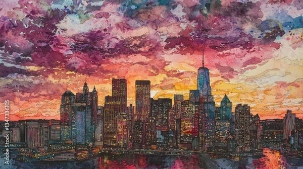 Fototapeta Colorful clouds fill the sky as the sun sets behind the iconic New York City skyline. Buildings are illuminated by warm hues, creating a stunning silhouette against the vibrant backdrop