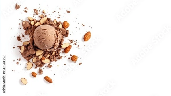 Fototapeta Chocolate Ice Cream Scoop with Almonds and Shavings on White