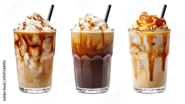 Obraz Delicious chocolate milkshakes with toppings in glasses on transparent background. Drink, juice, shake, cream concept.