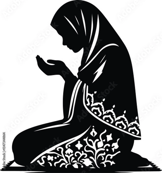 Obraz Silhouette of a Woman Praying in Traditional Attire, Spiritual Devotion and Cultural Expression