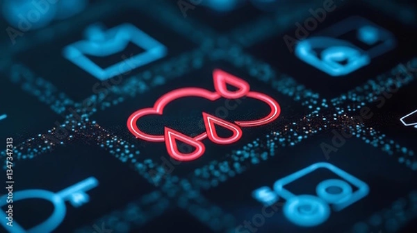 Fototapeta Close up neon glowing icon "cloud with rain " key on futuristic keyboard, future technology concept