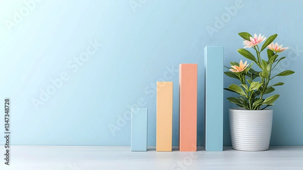 Fototapeta Colorful Bar Graph Beside A Potted Plant Displayed On A Wooden Surface Against A Light Blue Textured Wall