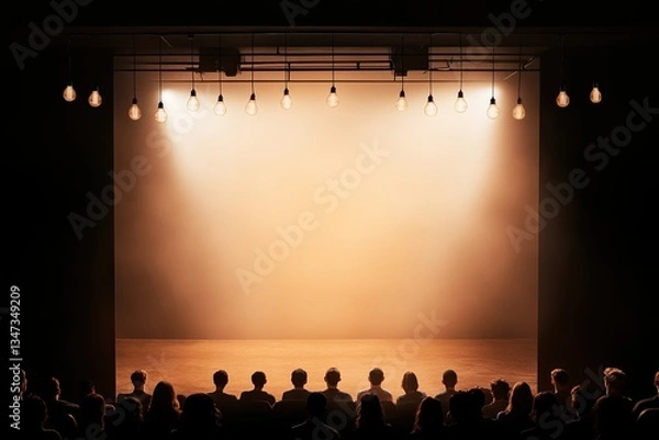 Obraz Stage illuminated with warm lights, silhouettes of an eager audi
