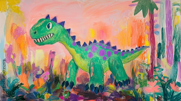 Fototapeta A child’s drawing of a dinosaur in a jungle, with oversized features like large claws and a small head