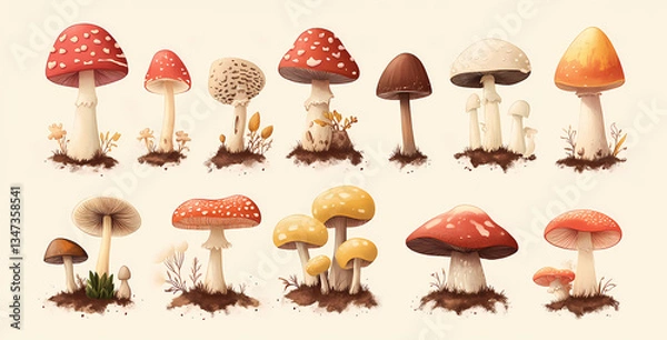 Fototapeta Mushroom Variety: An array of diverse mushrooms showcase their unique caps and stems in a natural setting, their colors and textures creating a visually appealing display of the natural world.