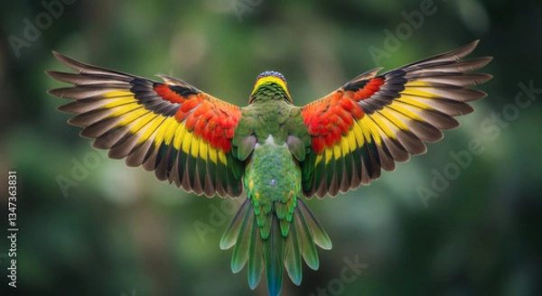 Fototapeta A colorful parrot spreading its wings.
