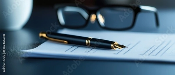 Obraz Pen on document with glasses, office setting