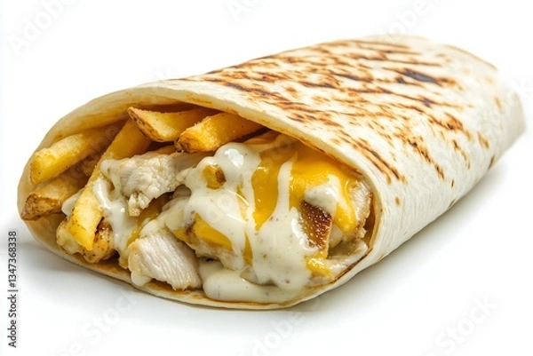 Obraz French taco with chicken, french fries, melted cheese and a garlic sauce on a white background