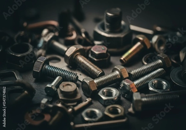 Fototapeta Assorted metal nuts and bolts arranged on a dark background
