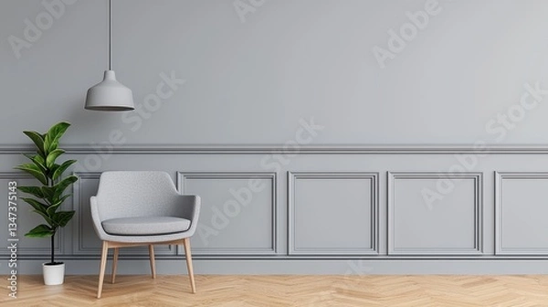 Fototapeta Modern Grey Interior with Chair, Plant, and Pendant Light Fixture