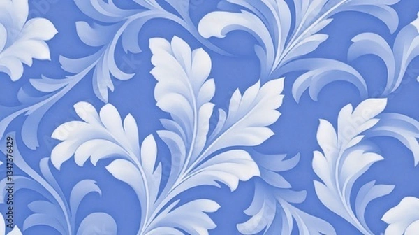 Fototapeta Elegant blue wallpaper featuring intricate white floral patterns with a textured appearance