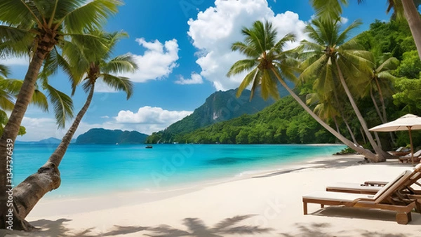 Fototapeta Inviting tropical beach with palm trees, white sand, turquoise water and deck chairs under a sunny sky