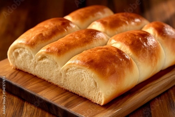 Fototapeta Golden brown rolls rest on a wooden cutting board, showcasing a soft and fluffy texture. The warm afternoon light enhances the appeal of this delicious baked treat