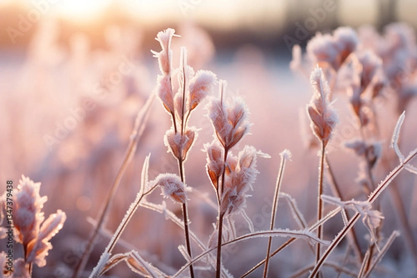 Fototapeta serene atmosphere of a winter morning is showcased by enchanting view of delicate ice formations and monochromatic beauty on a grassy landscape covered in frost