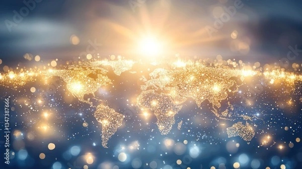 Obraz Global network, illuminated world map, sunrise