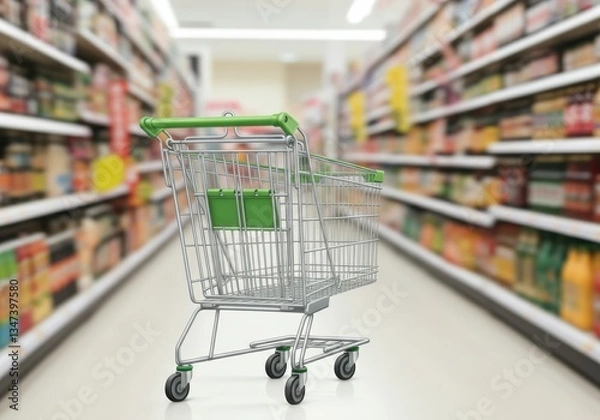 Fototapeta Empty shopping cart in a grocery store aisle, ready for shopping