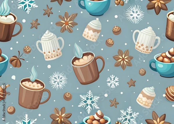 Fototapeta Cozy Winter Hot Chocolate Pattern. Festive Holiday Drinks and Snowflakes