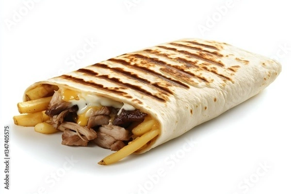Obraz A french taco with a melted cheese sauce, a garlic sauce, french fries and chicken isolated on a white background