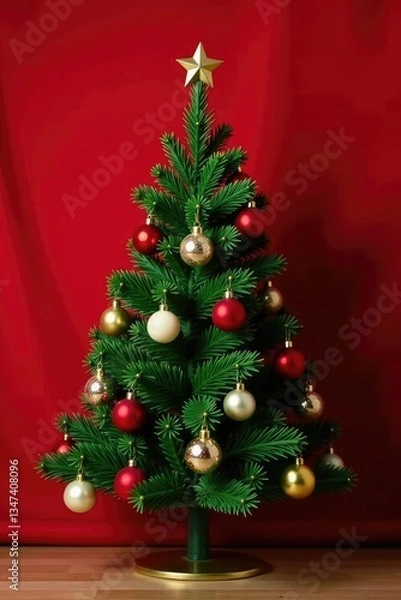 Fototapeta Evergreen Christmas tree with ornaments on red velvet background, christmas tree, colorful