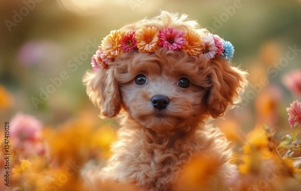 Obraz Cute Puppy Wearing a Flower Crown Surrounded by Colorful Flowers in a Sunny Garden