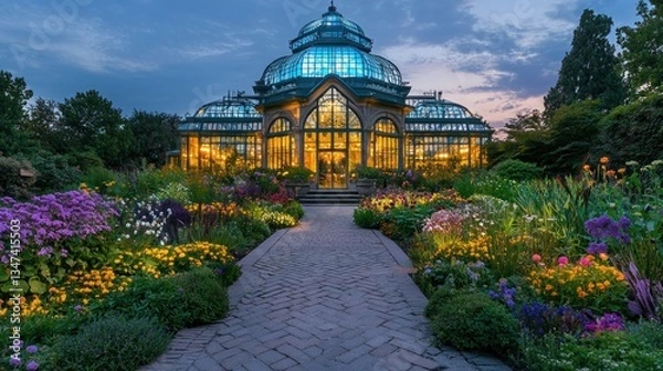 Fototapeta Ornate glasshouse illuminated at twilight, surrounded by vibrant flowerbeds and a paved walkway.