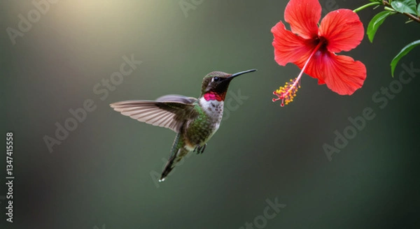 Fototapeta A hummingbird hovering near a flower.
