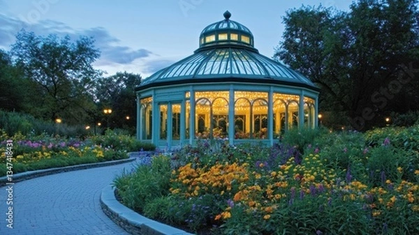 Fototapeta Ornate glass conservatory at twilight, surrounded by colorful flowers and a paved pathway.