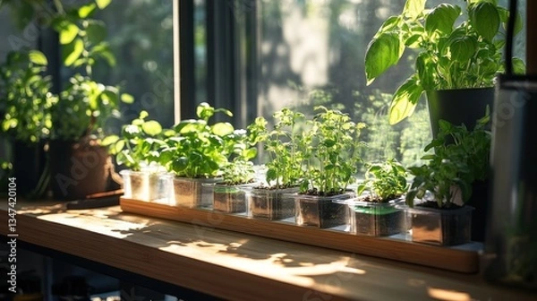 Fototapeta Fresh herbs growing on a windowsill, various types of seedlings in small containers, bathed in sunlight.