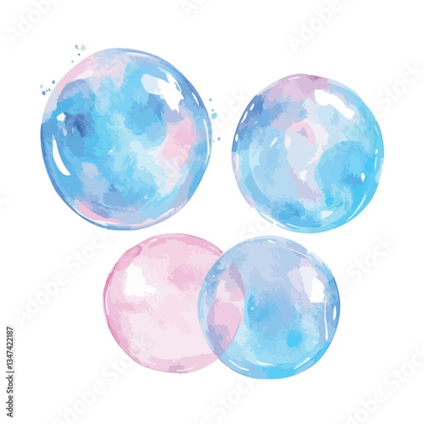 Fototapeta Four different colored bubbles. One is blue and pink, the other is blue and white, the third is blue.